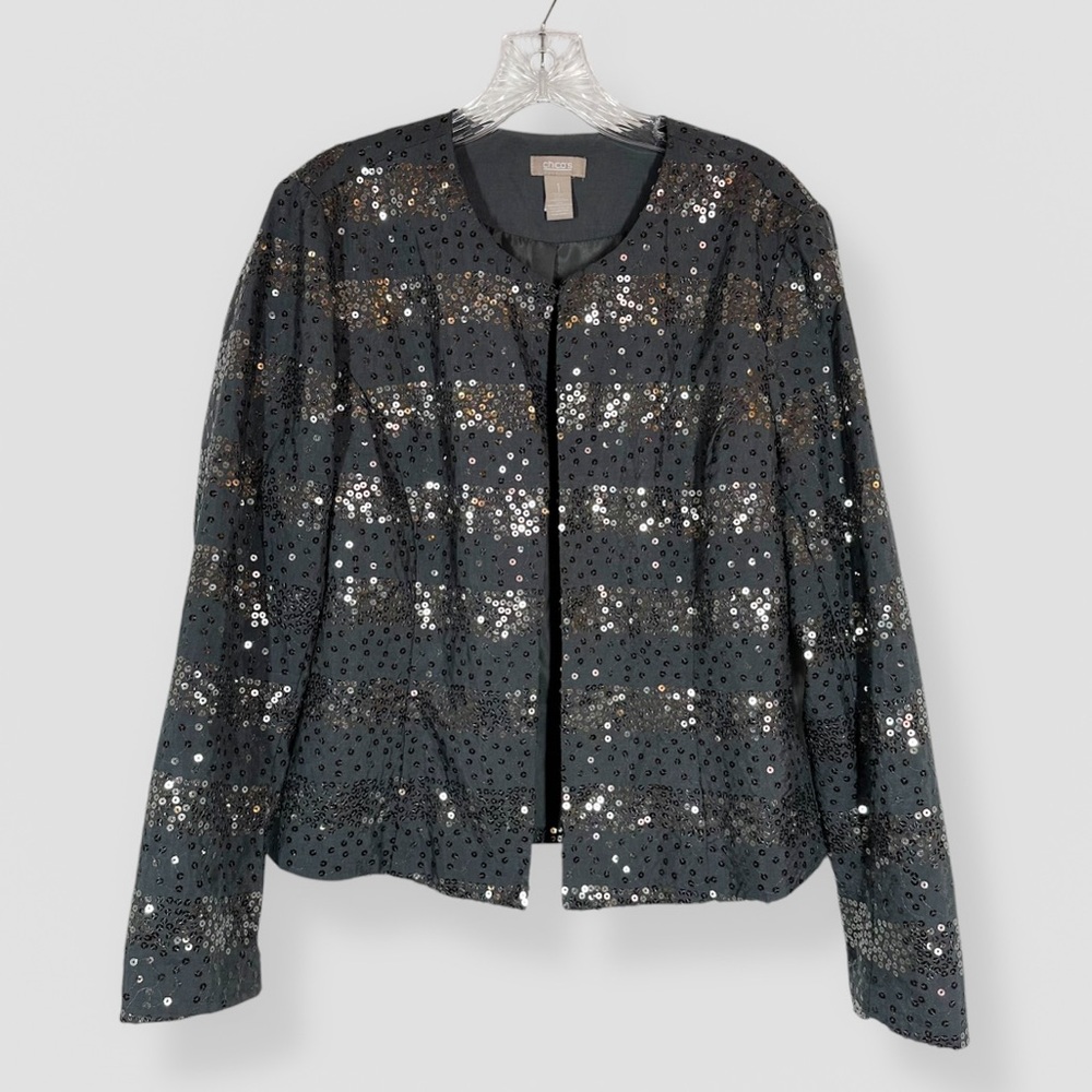 Chico's Silver/Gold Sequined Jacket Size Small Gray Hook & Eye Clasp Party Event